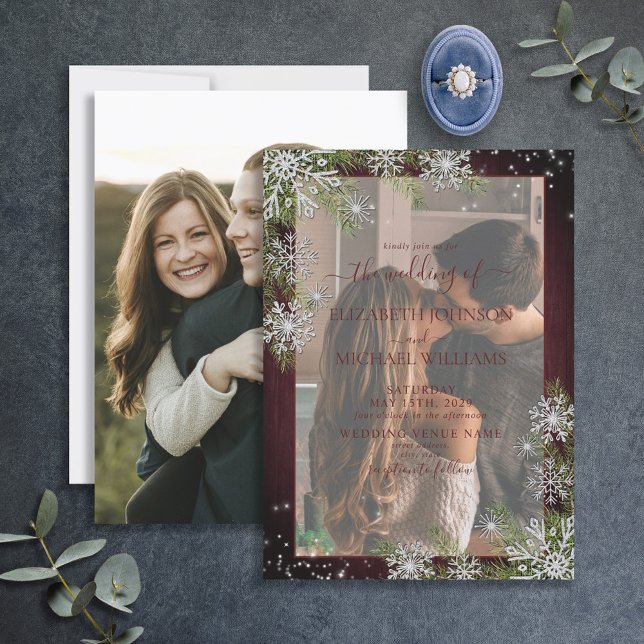 Convites Casamento Rustic Burgundy Silver Winter Wood Vellu (Criador carregado)