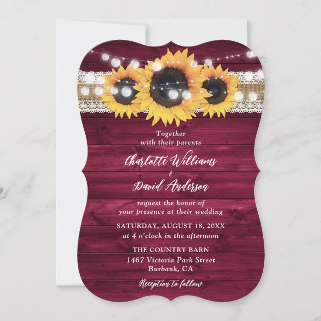Convites Casamento Rustic Burgundy Sunflower Wood (Frente)