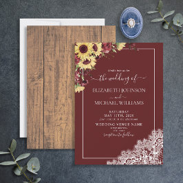 Convites Casamento Rustic Burgundy Sunflower Wood Script
