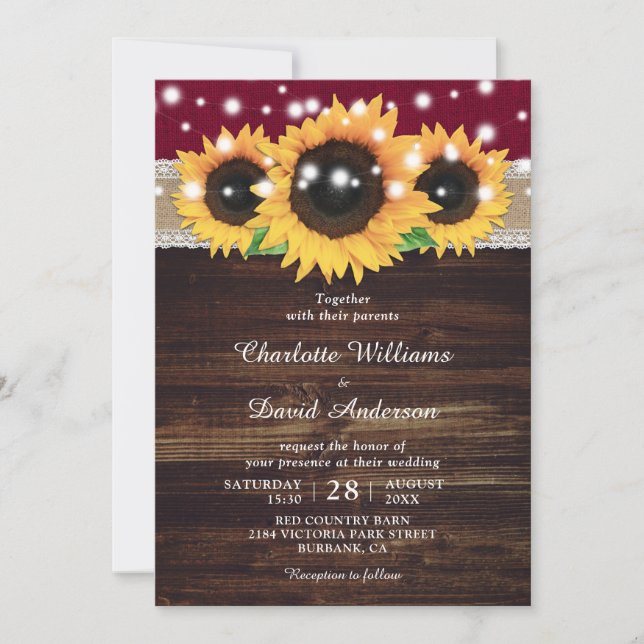 Convites Casamento Rustic Burgundy Wood Sunflower (Frente)