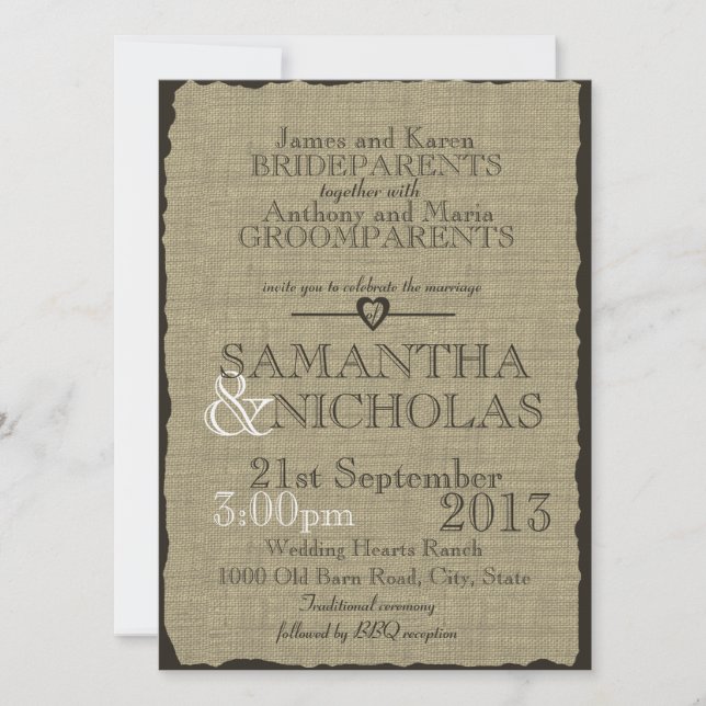 Convites Casamento Rustic Burlap (Frente)