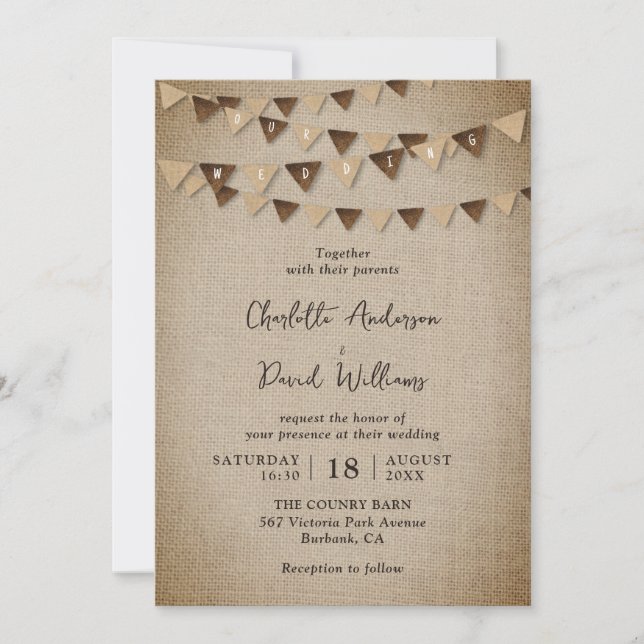 Convites Casamento Rustic Burlap Banners (Frente)