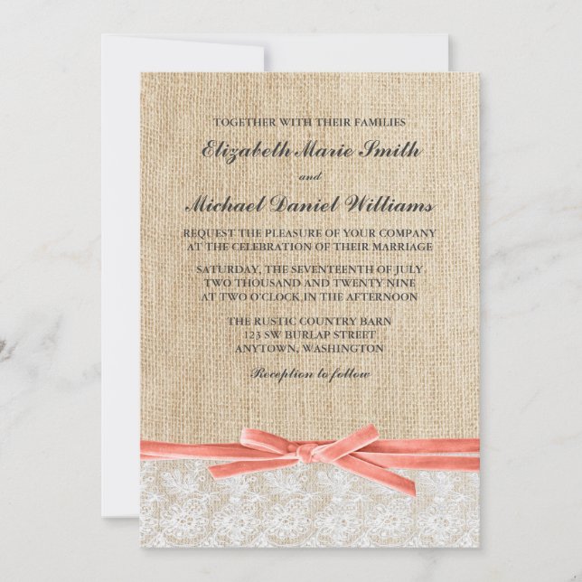 Convites Casamento Rustic Burlap Coral Ribbon (Frente)