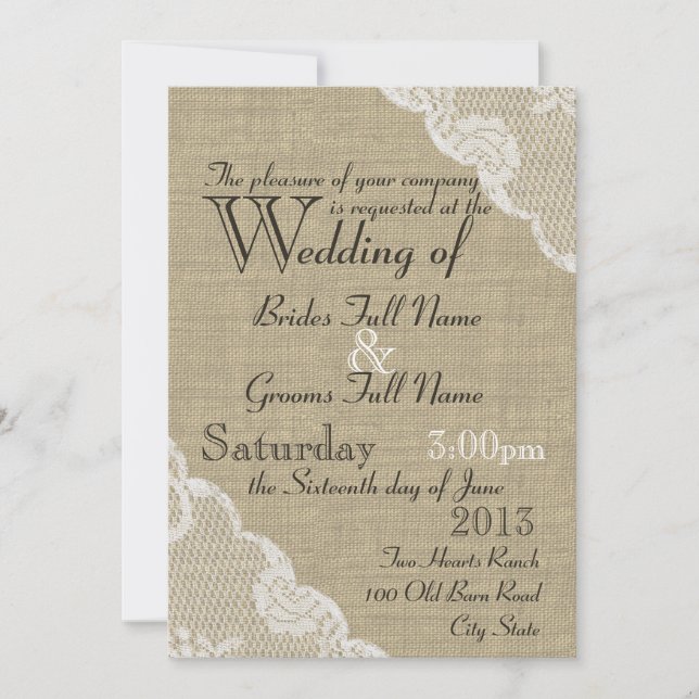 Convites Casamento Rustic Burlap e Lace Country (Frente)