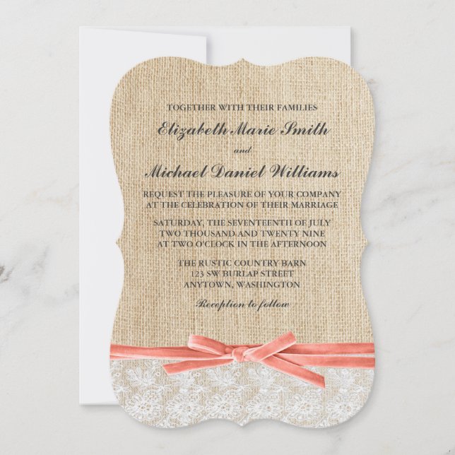 Convites Casamento Rustic Burlap Lace Coral Ribbon (Frente)