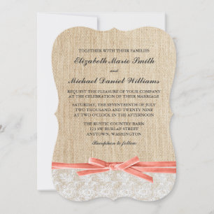 Convites Casamento Rustic Burlap Lace Coral Ribbon
