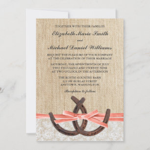 Convites Casamento Rustic Burlap Lace Horsfere Coral Ribbon