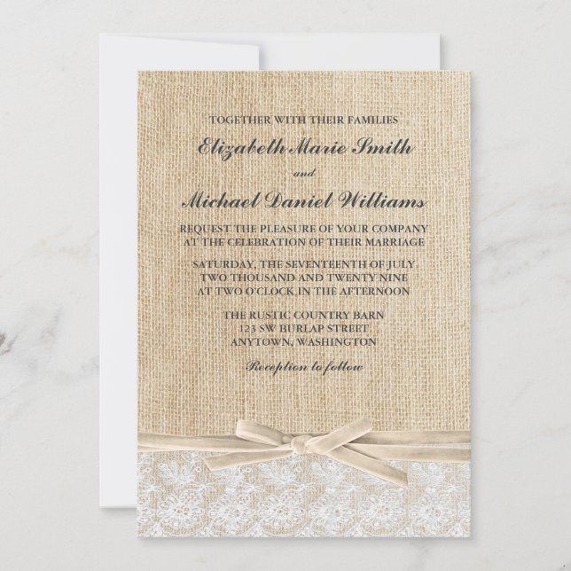 Convites Casamento Rustic Burlap Lace Ivory Ribbon (Frente)