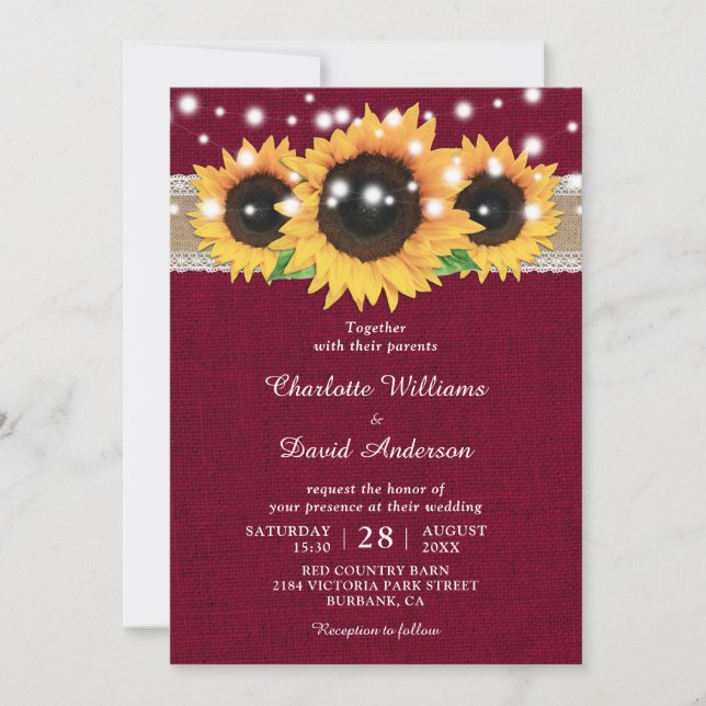 Convites Casamento Rustic Burlap Lace Sunflower Burgundy (Frente)