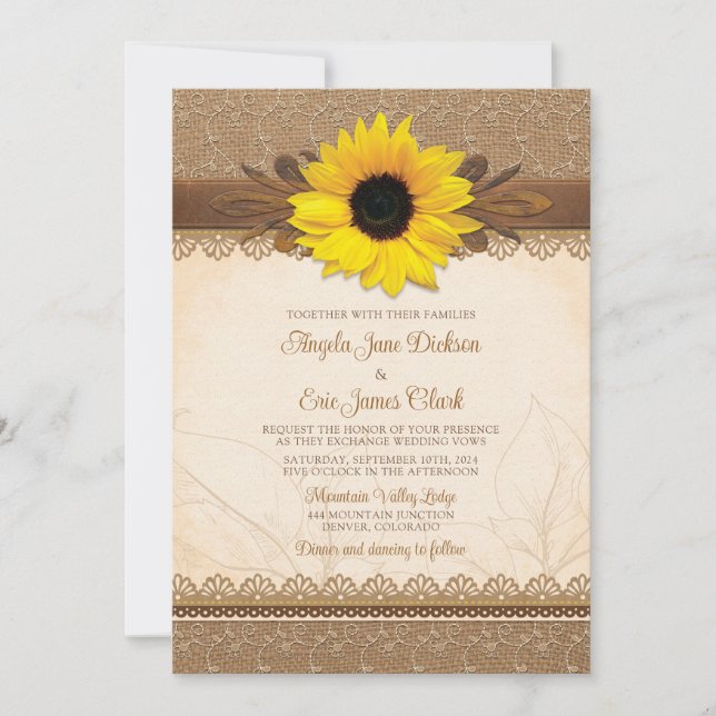 Convites Casamento Rustic Burlap Lace Wood Sunflower (Frente)
