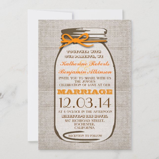 Convites Casamento Rustic Burlap Mason Jar (Frente)