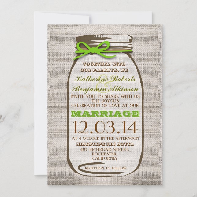 Convites Casamento Rustic Burlap Mason Jar (Frente)