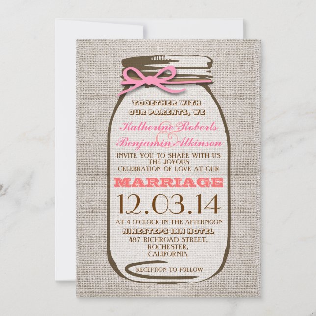 Convites Casamento Rustic Burlap Mason Jar (Frente)