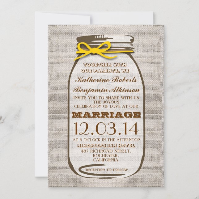Convites Casamento Rustic Burlap Mason Jar (Frente)