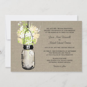 Convites Casamento Rustic Burlap Mason Jar e Flores Selvage