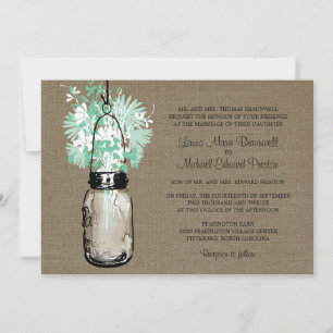 Convites Casamento Rustic Burlap Mason Jar e Flores Selvage