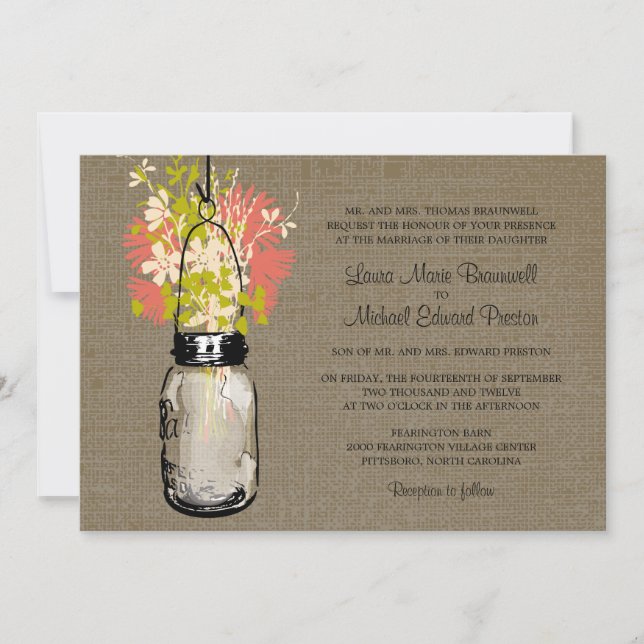 Convites Casamento Rustic Burlap Mason Jar e Flores Selvage (Frente)