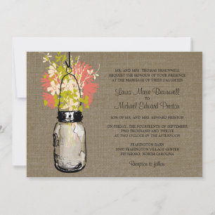 Convites Casamento Rustic Burlap Mason Jar e Flores Selvage