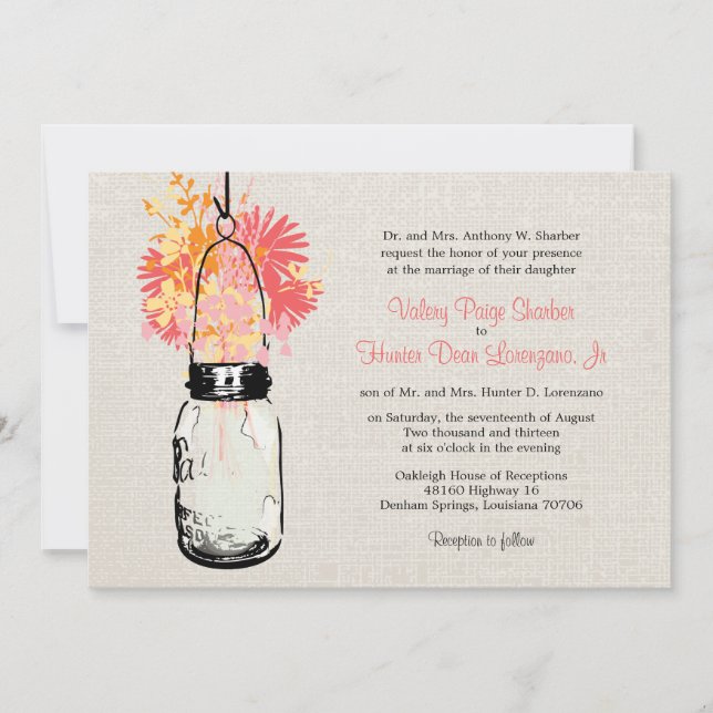 Convites Casamento Rustic Burlap Mason Jar Wildflower (Frente)