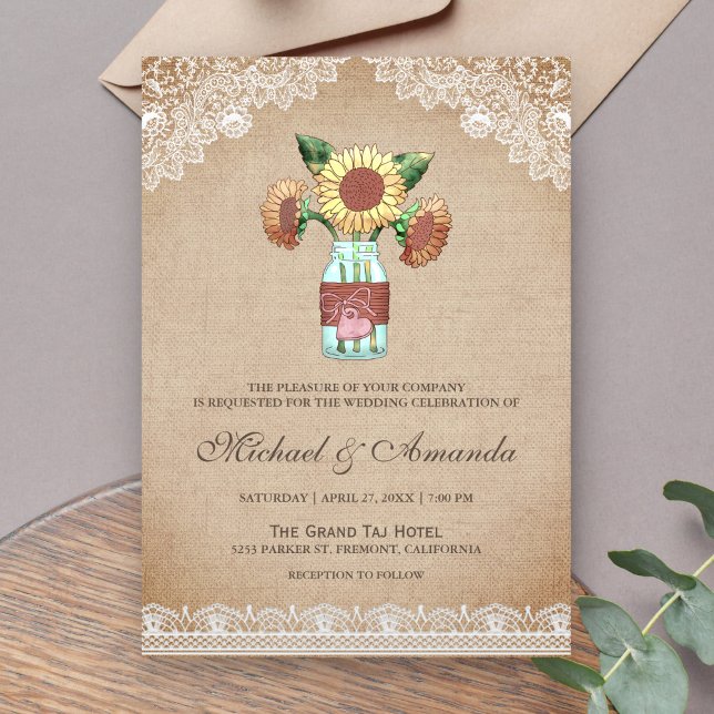 Convites Casamento Rustic Burlap Sunflower Mason Jar Lace (Criador carregado)
