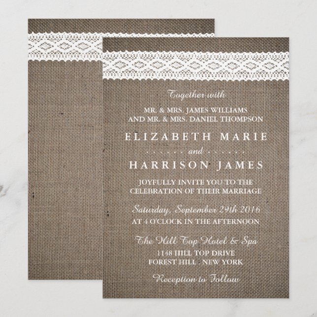 Convites Casamento Rustic Burlap & Vintage White Lace (Frente/Verso)