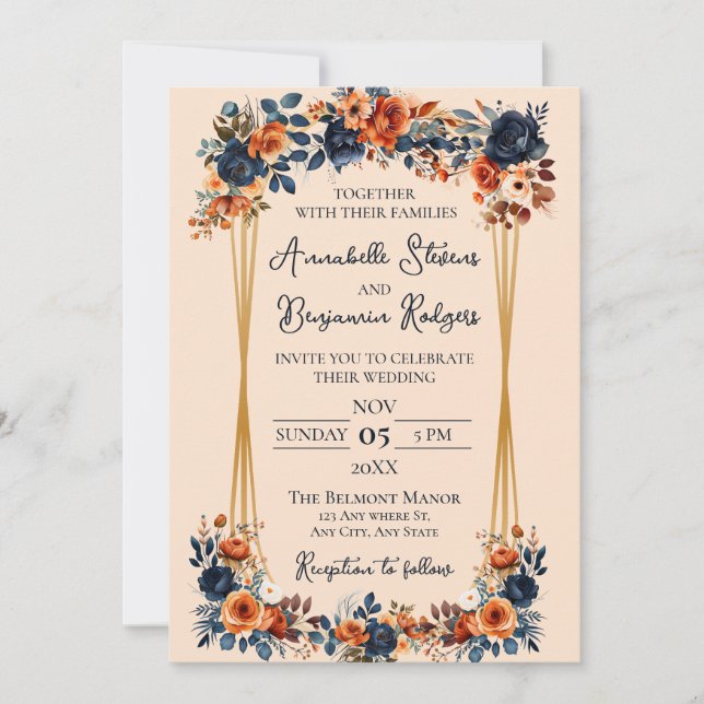 Convites Casamento Rustic Burnt Orange and Blue (Frente)
