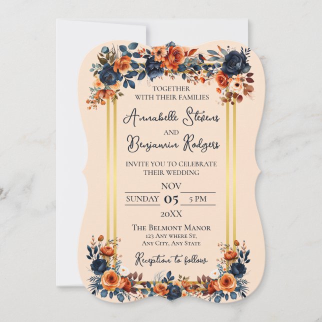 Convites Casamento Rustic Burnt Orange and Blue (Frente)