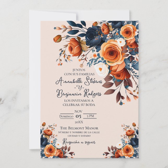 Convites Casamento Rustic Burnt Orange and Blue Spain (Frente)