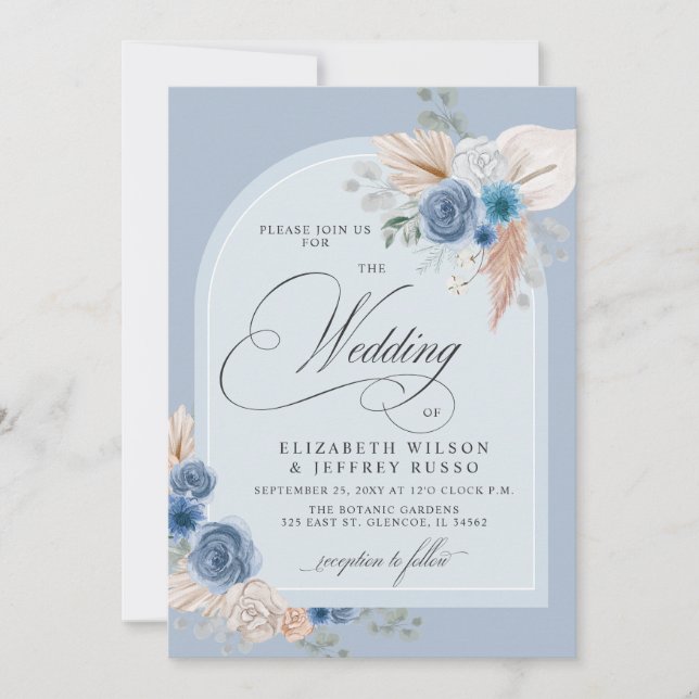 Convites Casamento Rustic Calliografia Boho Dusty Blue Pamp (Frente)