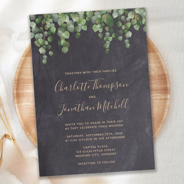 Convites Casamento Rustic Chalkboard Eucalyptus Greenery (Criador carregado)