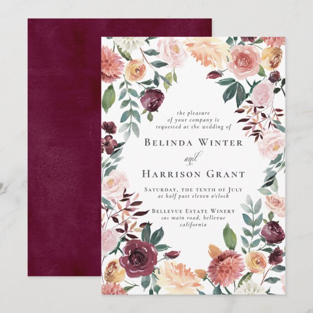 Convites Casamento Rustic Charm Burgundy Blush Floral Garde (Frente/Verso)