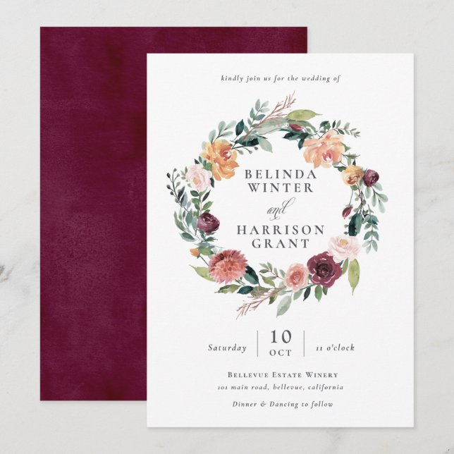 Convites Casamento Rustic Charm Burgundy Blush Floral Wreat (Frente/Verso)