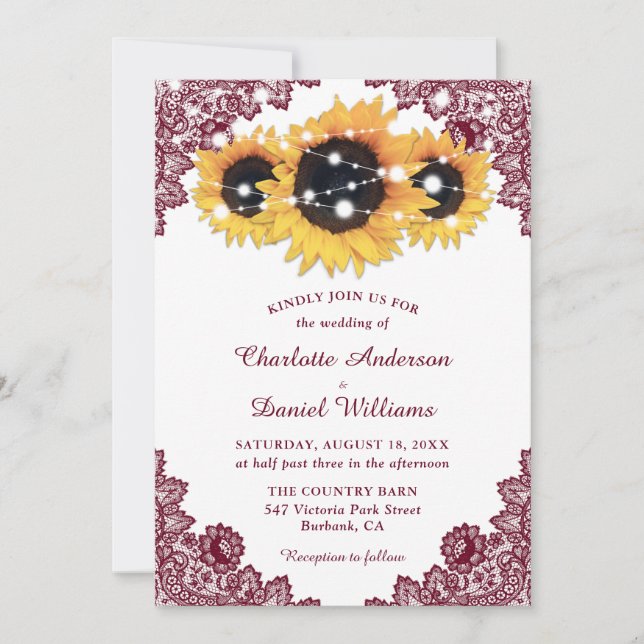 Convites Casamento Rustic Chic Burgundy Lace Sunflower (Frente)