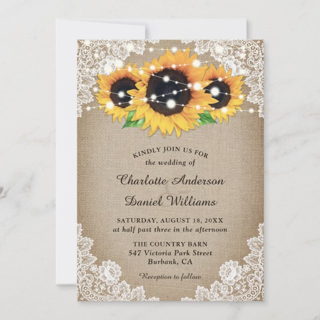 Convites Casamento Rustic Chic Burlap e Lace Sunflower (Frente)