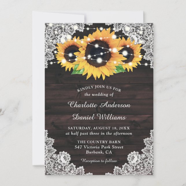 Convites Casamento Rustic Chic Country Wood Lace Sunflower (Frente)