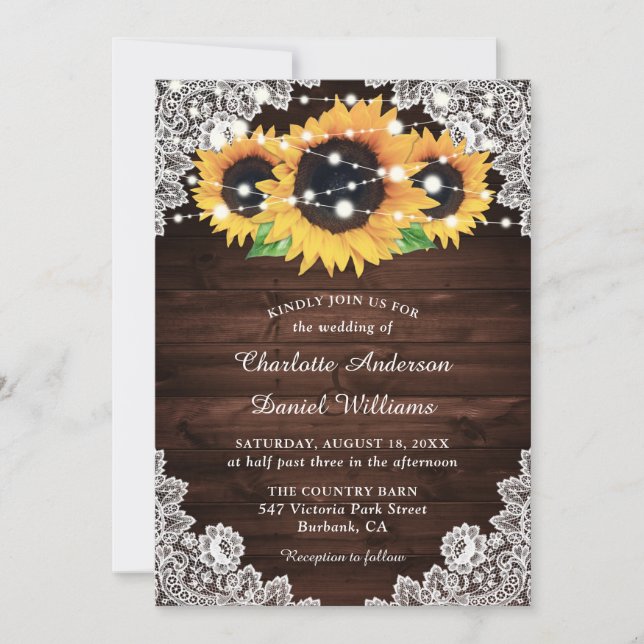 Convites Casamento Rustic Chic Country Wood Lace Sunflower (Frente)
