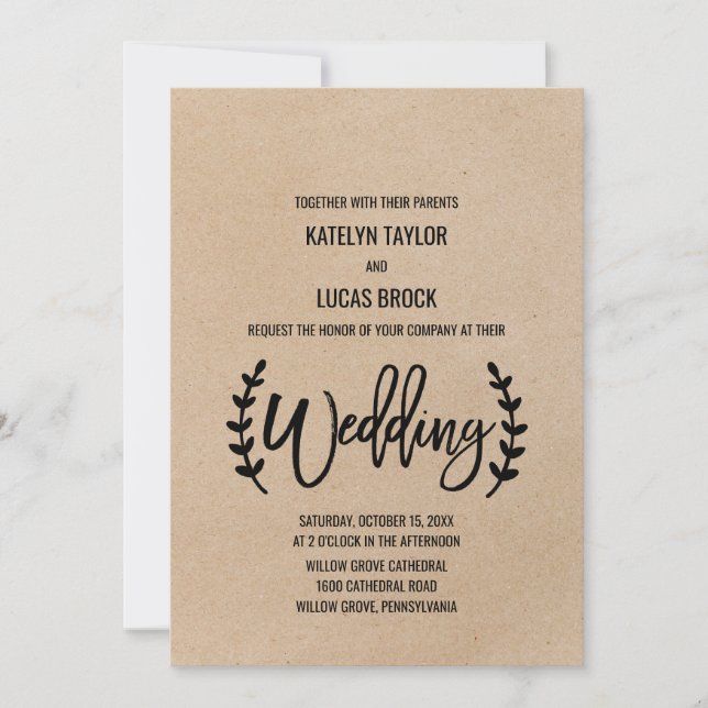 Convites Casamento Rustic Chic Faux Kraft Calliografia (Frente)