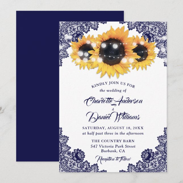 Convites Casamento Rustic Chic Marinho Blue Lace Sunflower (Frente/Verso)