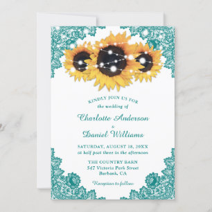 Convites Casamento Rustic Chic Teal Lace Sunflower
