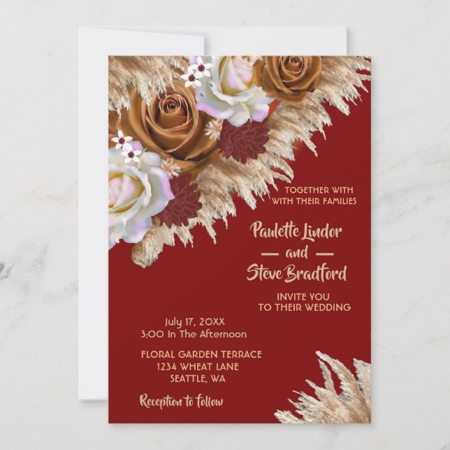Convites Casamento Rustic Cinnamon Rosa Wildflower Burgundy (Frente)