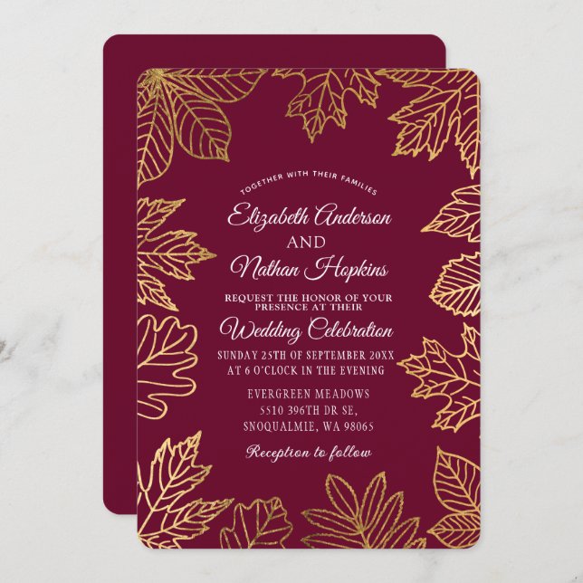 Convites Casamento Rustic Classy Dourado Cranberry Autumn D (Frente/Verso)