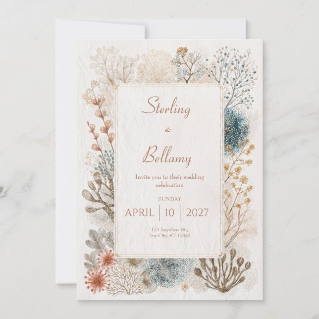 Convites Casamento Rustic Coastal Folk Art (Frente)