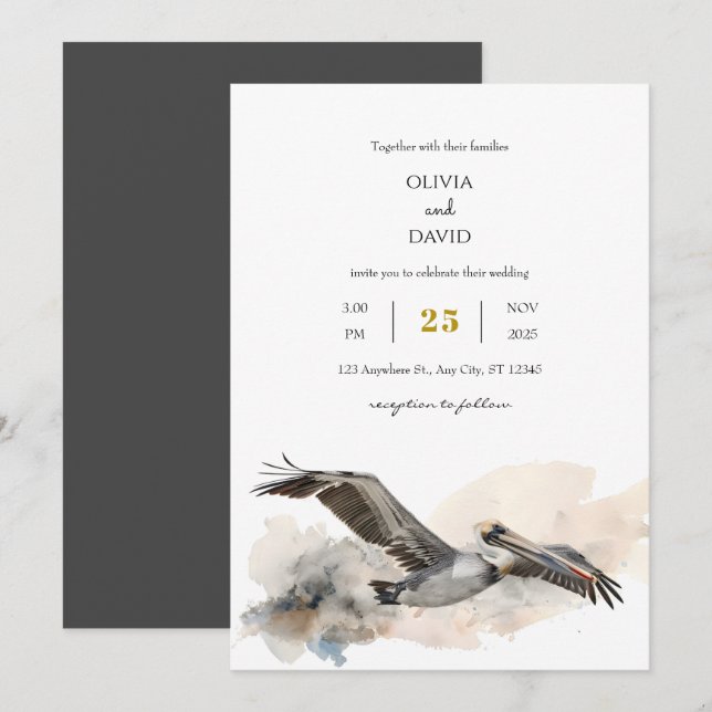 Convites Casamento Rustic Costal Pelican Watercolor Beach (Frente/Verso)