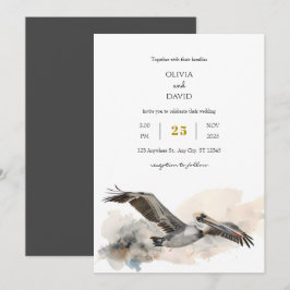Convites Casamento Rustic Costal Pelican Watercolor Beach