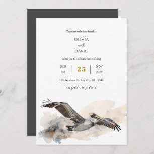 Convites Casamento Rustic Costal Pelican Watercolor Beach
