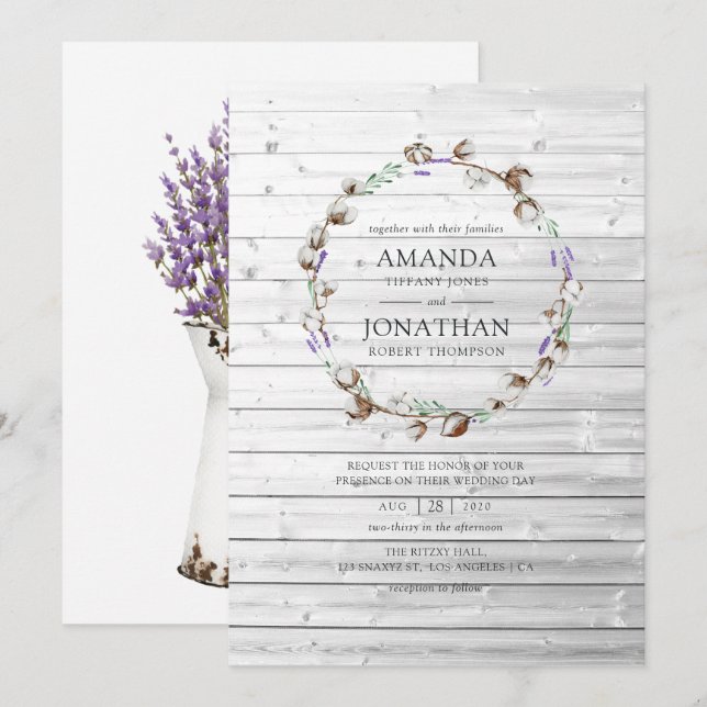 Convites Casamento Rustic Cotton Lavanda (Frente/Verso)