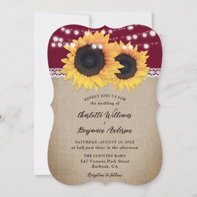 Convites Casamento Rustic Country Burgundy Burlap Sunflower (Frente)