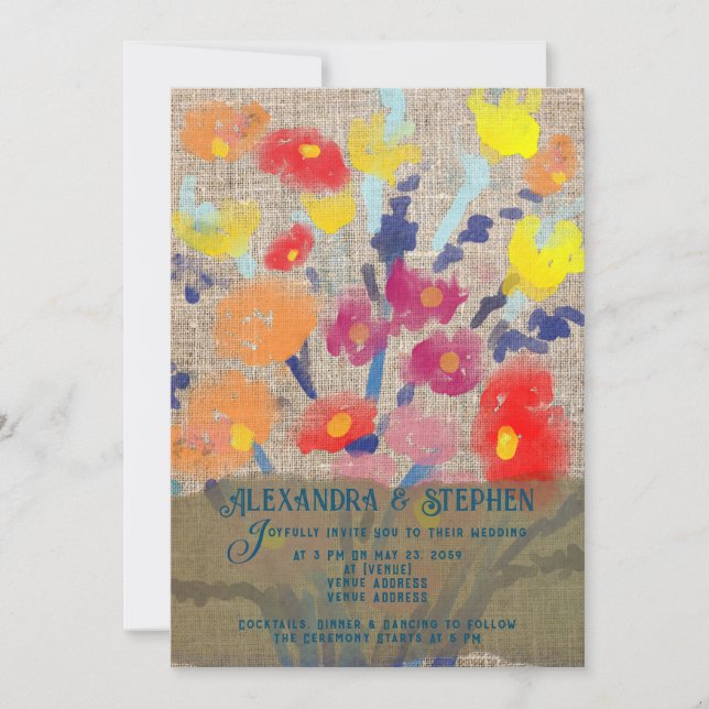 Convites Casamento Rustic Country Burlap Bohemian Wildflowe (Frente)