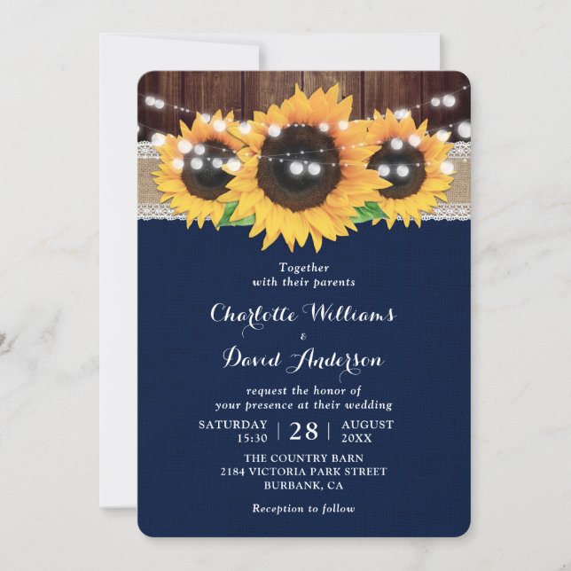 Convites Casamento Rustic Country Marinho Blue Sunflower Ba (Frente)