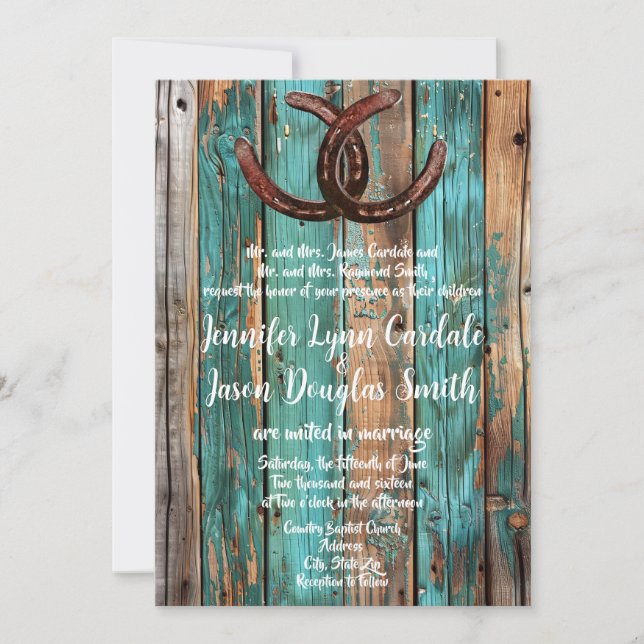 Convites Casamento Rustic Country Teal Barn Wood (Frente)